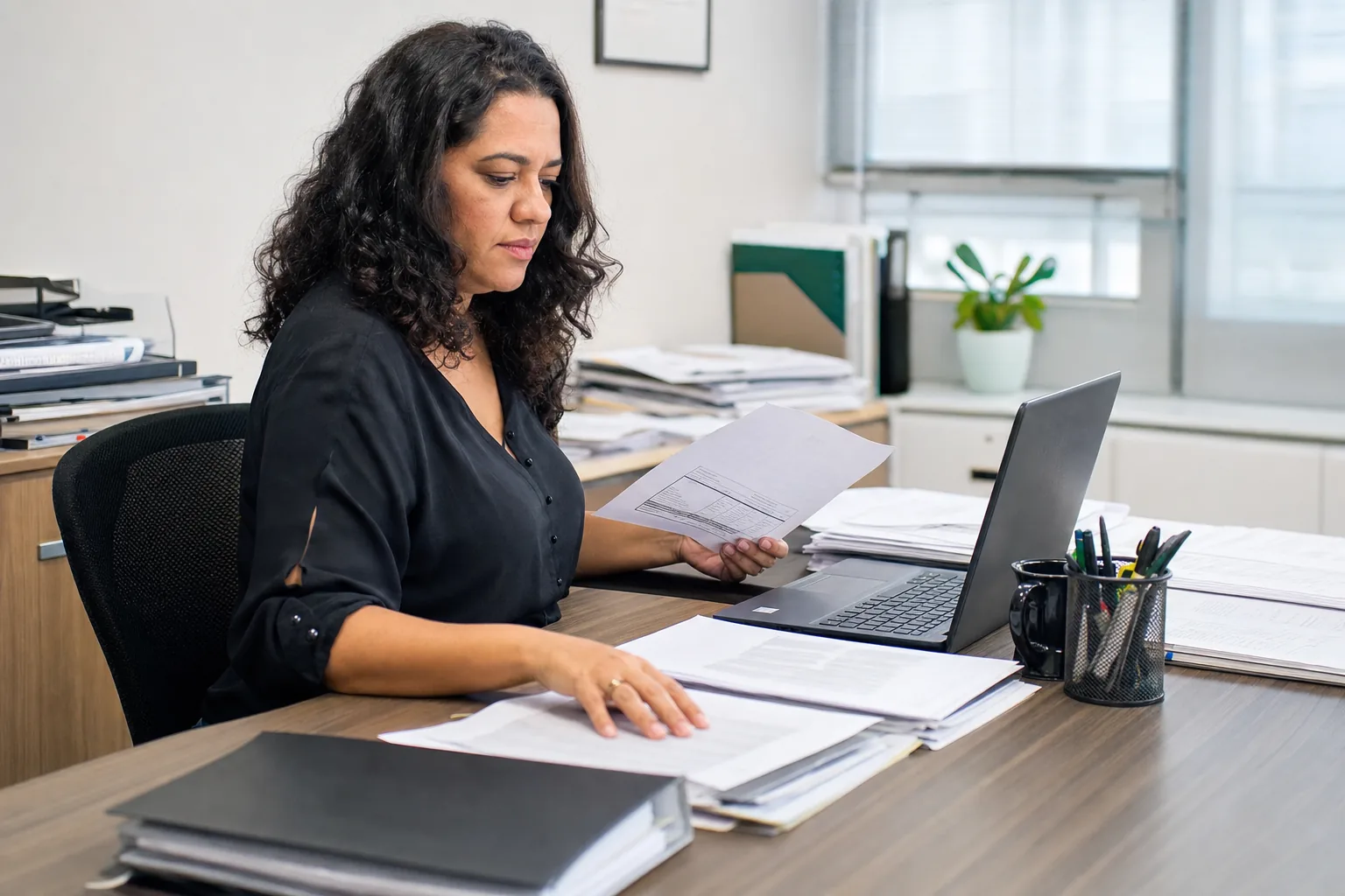 Profissional organizando documentos e conferindo informações no computador